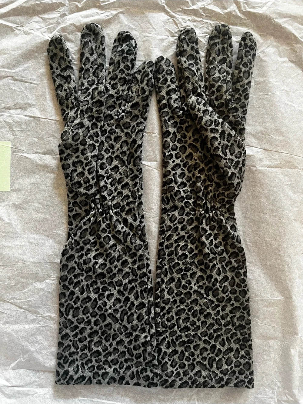 Gray/Black Leopard-Print Stretchy Knit Unlined Long Gloves.